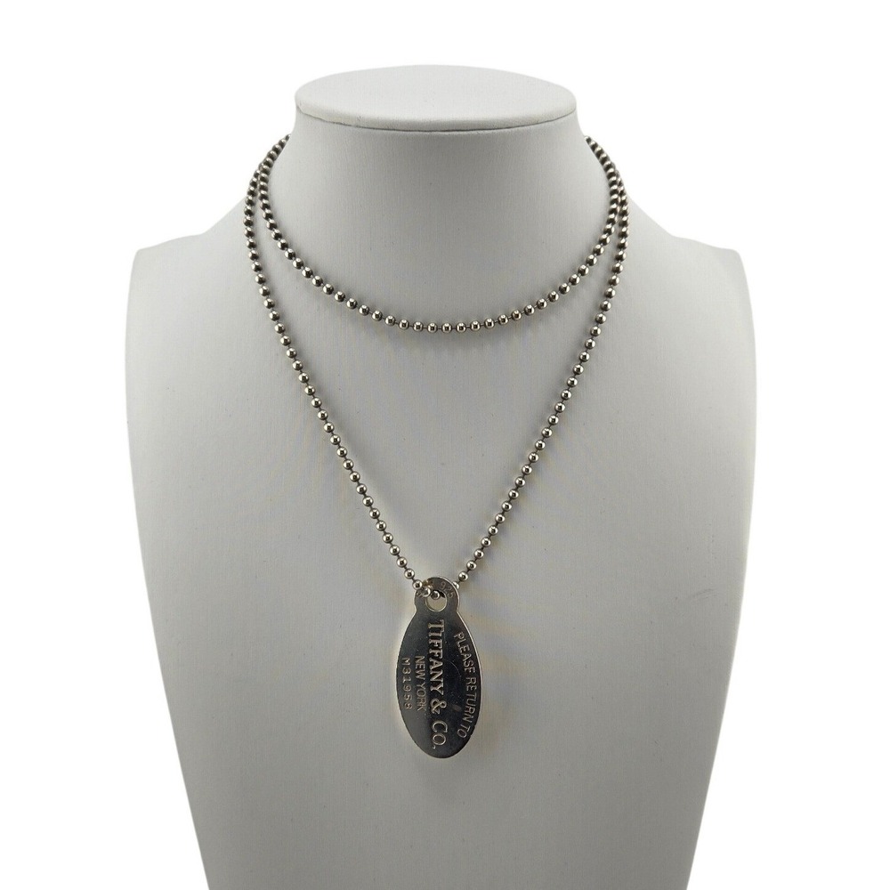 Tiffany & Co Sterling Silver Return to Tiffany Oval Tag Ball Chain Necklace 24in